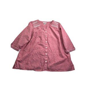 Cj Banks Red White Embroidered Button Front Tunic Top 1X Smocked Linen Cotton